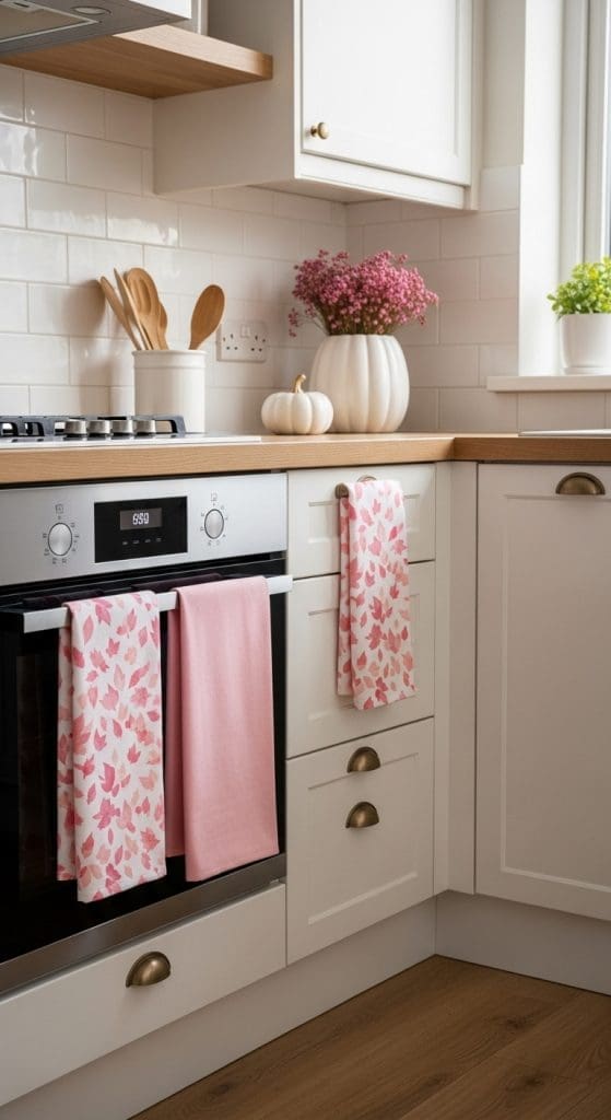 pink tea towels hanging up in a kitchen decorated with fall decor