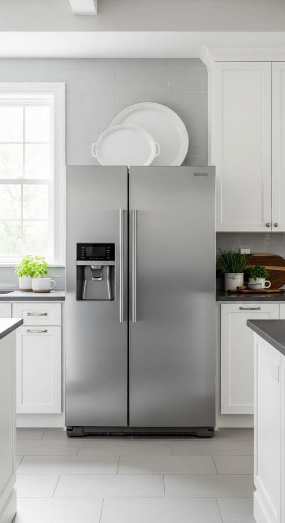 White serving plates on top of the fridge