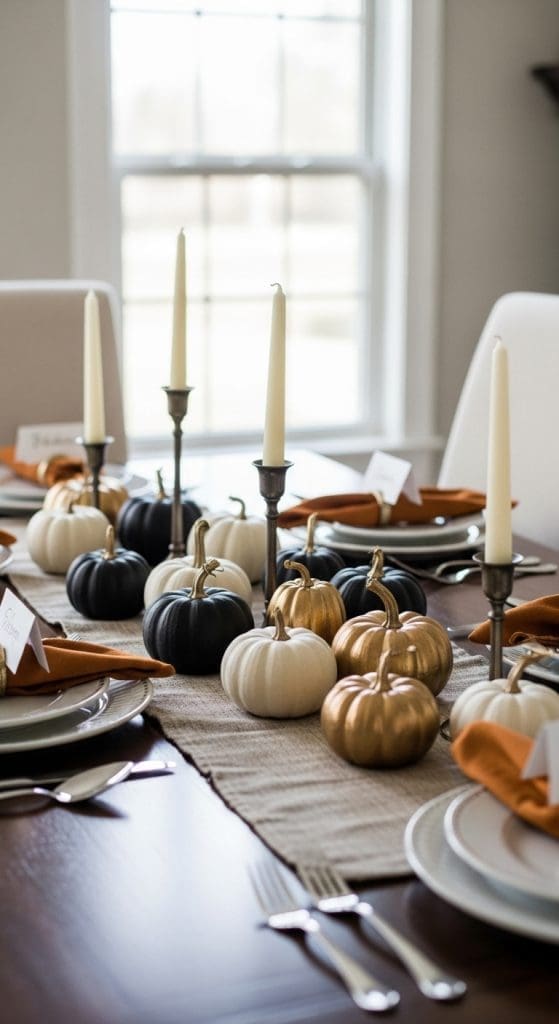 Mini white, black and gold faux pumpkins on an elegant minimal Halloween dining table