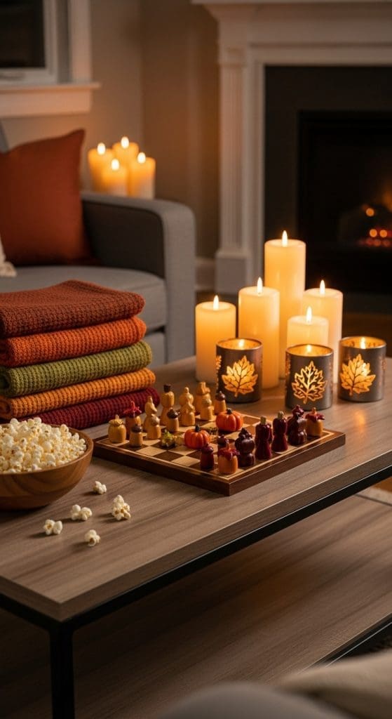 candles, chess board and blankets on a Rectangle Coffee Table