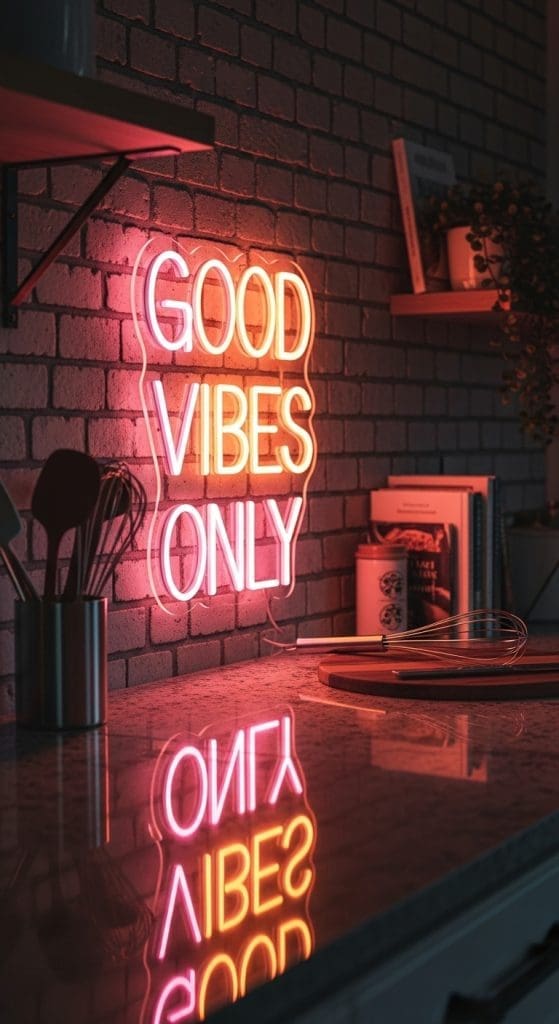 neon good vibes only sign above kitchen counter
