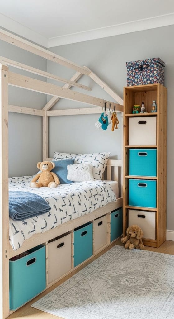 blue and white under storage boxes