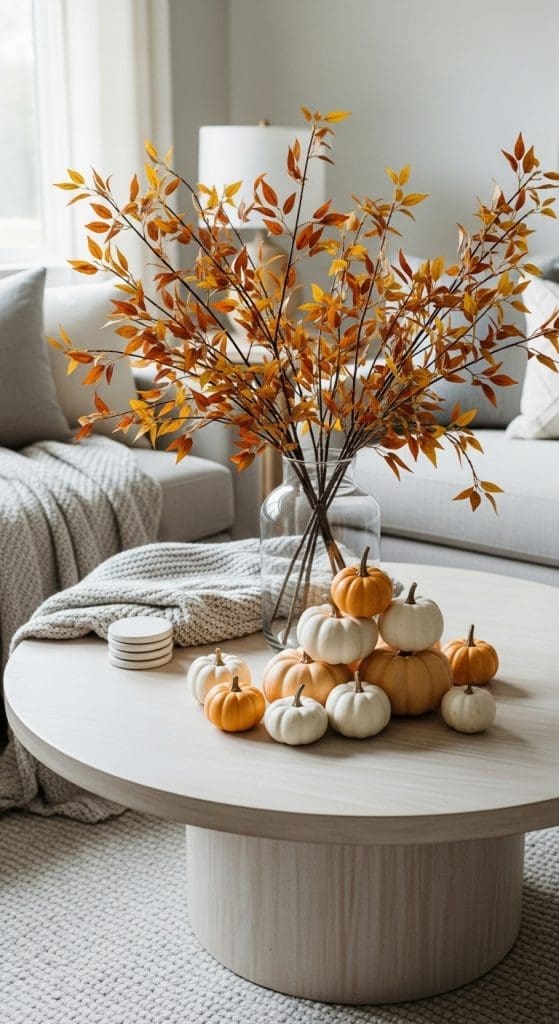 Stacked mini pumpkins next to vase with autumnal sprigs on a round coffee table