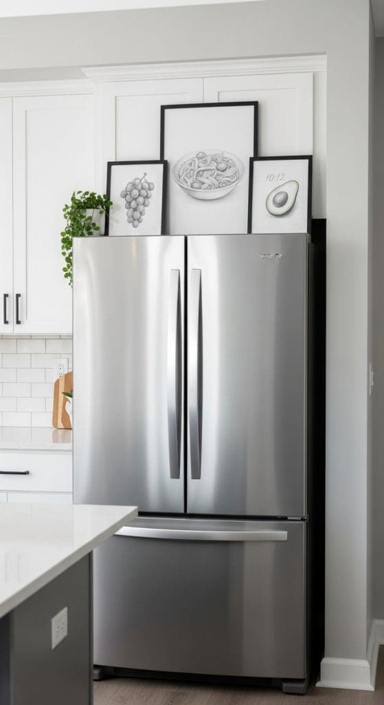 sketches of different food in black frames on top of silver fridge