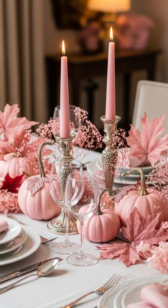 pink taper candles in silver decorative candle holders