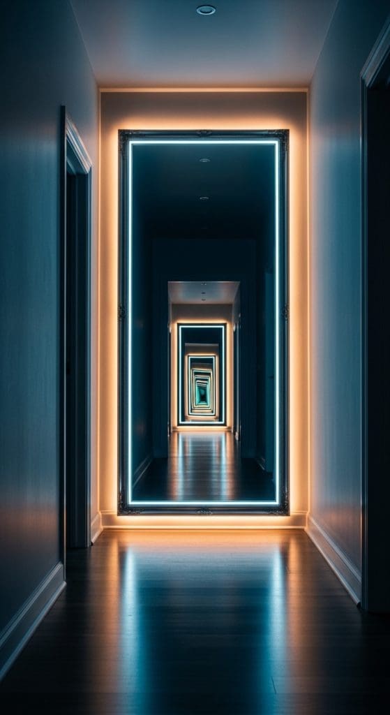 neon strips around a mirror in a hallway