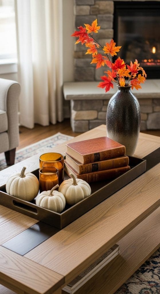tray with mini pumpkins, books and candles on a Rectangle Coffee Table
