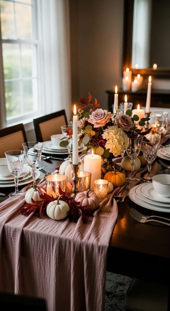 pink table runner with taper candles and fall pumpkin decor