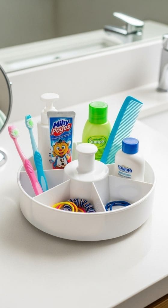 a white lazy susan in the bathroom for kids toiletries