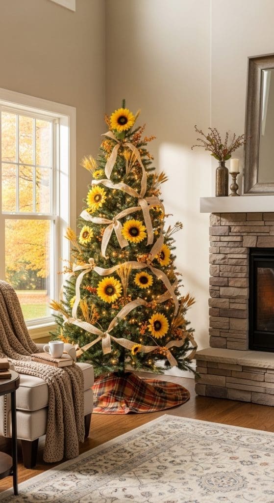 evergreen tree with burlap ribbon, sunflowers and fairy lights in living room