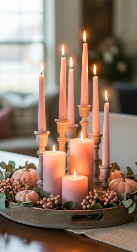 pink candles in a wooden tray on a coffee table