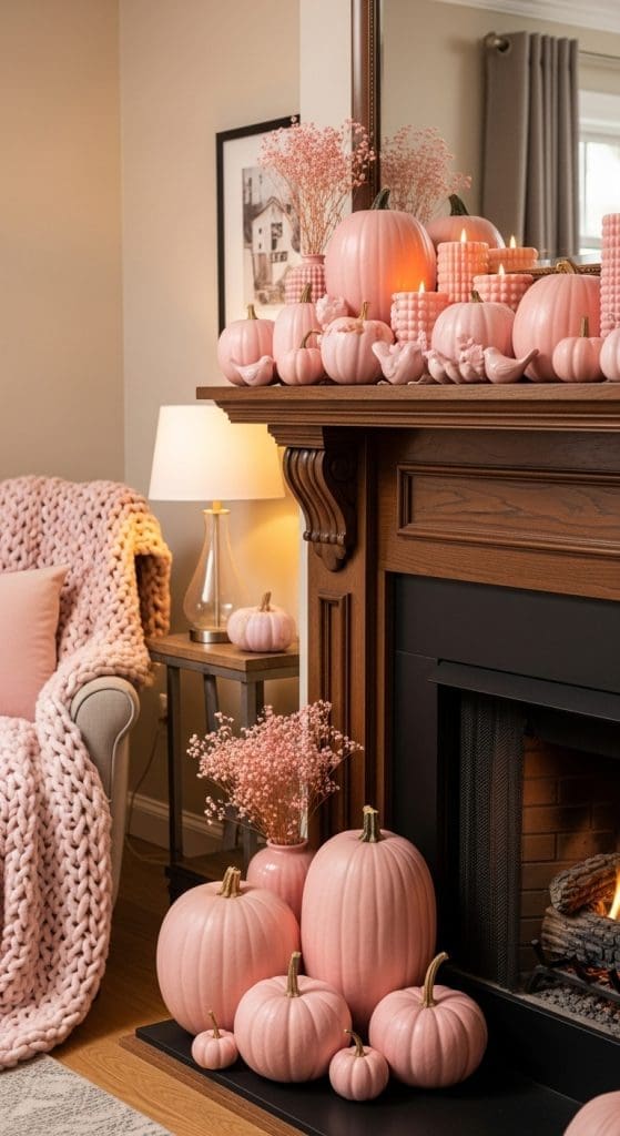 pink pumpkin candles and ceramics on a wooden fireplace mantle