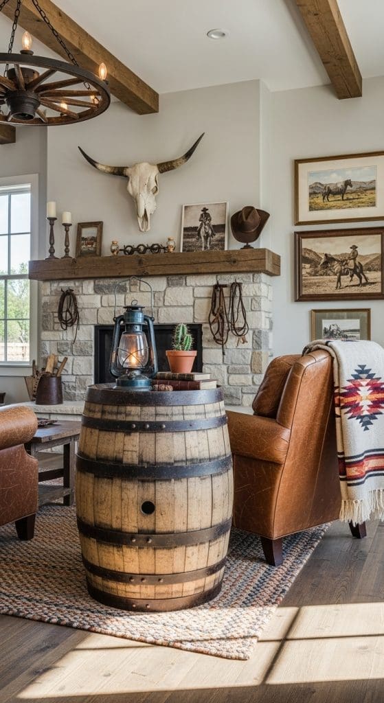 whiskey barrel used as a side table in a living room