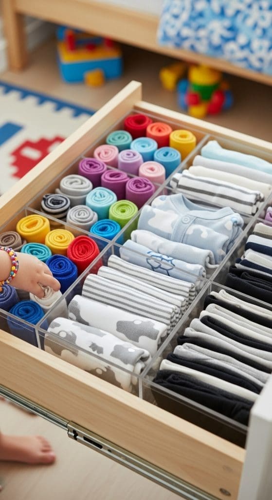 drawer dividers in a kids drawers for clothes storage