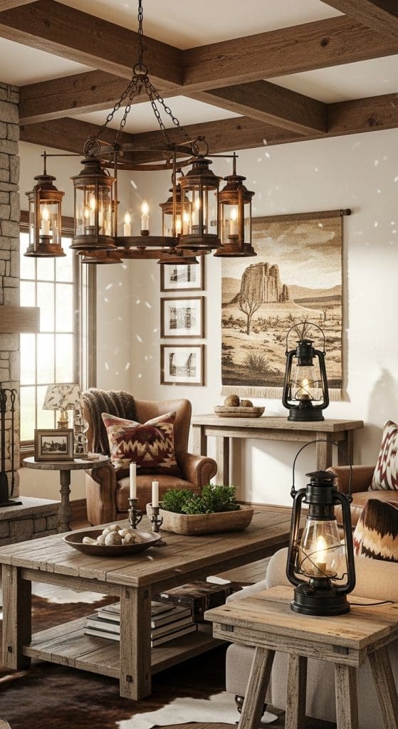 Lanterns hanging from a wagon wheel in a rustic style living room