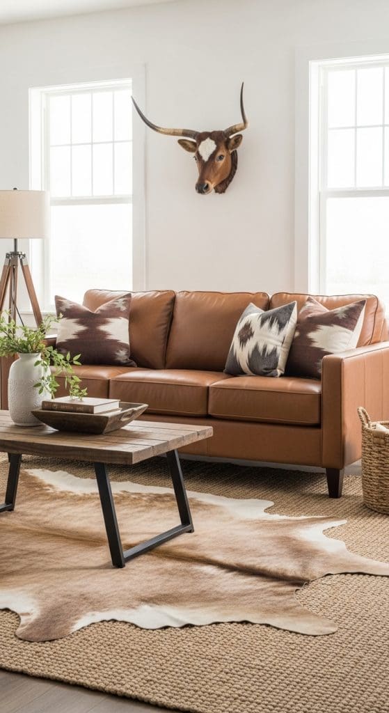 cowhide rug on living room floor