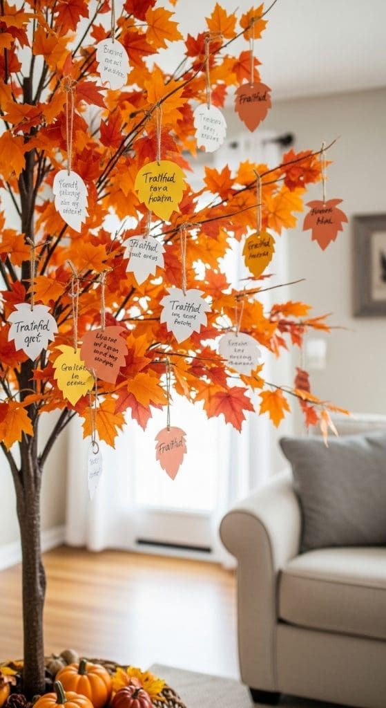 paper leaves on an autumn on a bare tree in a living room with thankful notes attached