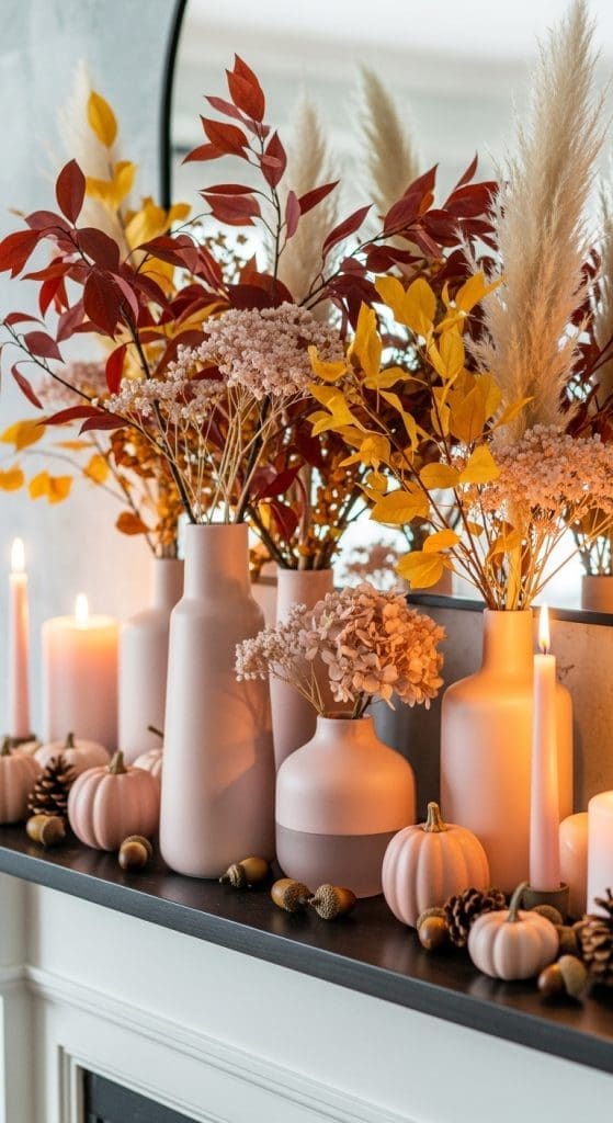 ceramic vases with dried flowers on a mantle