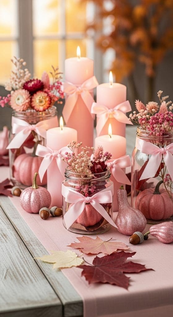Pink candles and glass jars wrapped with pink ribbons