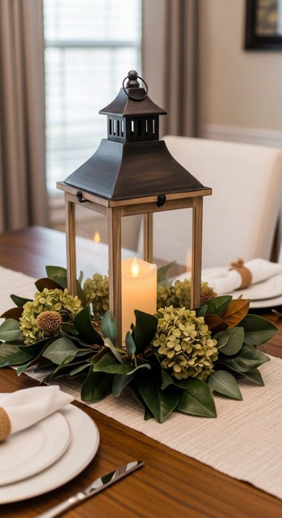 lantern on a table surrounded by green leaves as a table centrepiece