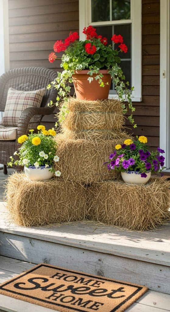 stacked hay bales with pots of fall flowers on top