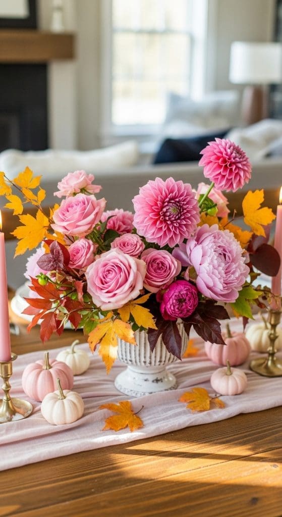 pink flowers in a distressed white vase on a white runner