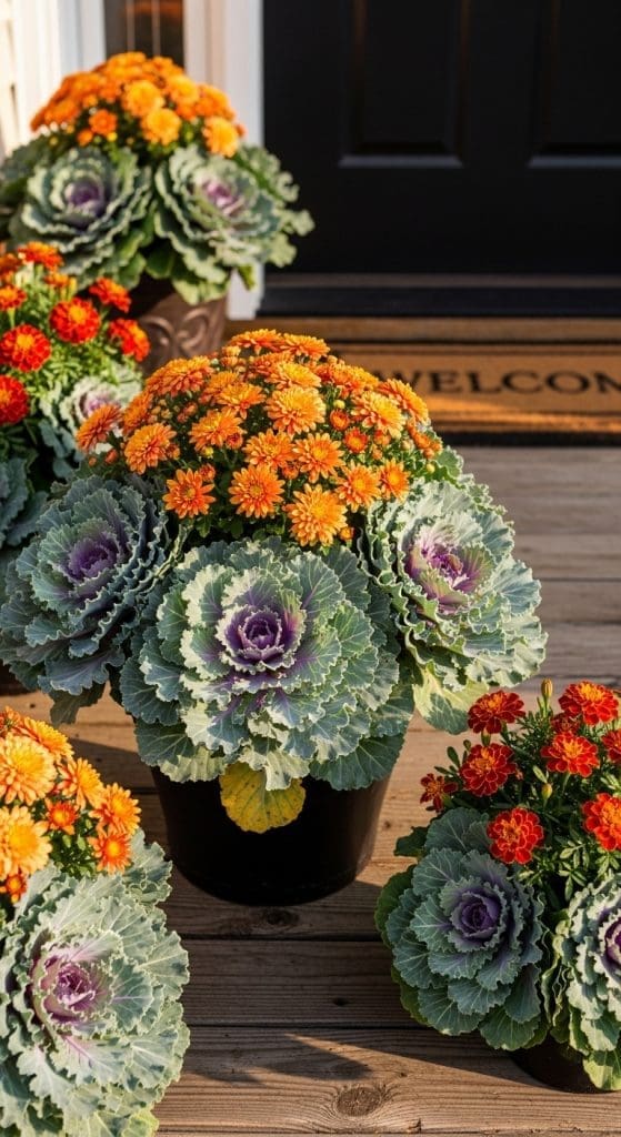 decorative cabbage in round pots on front porch