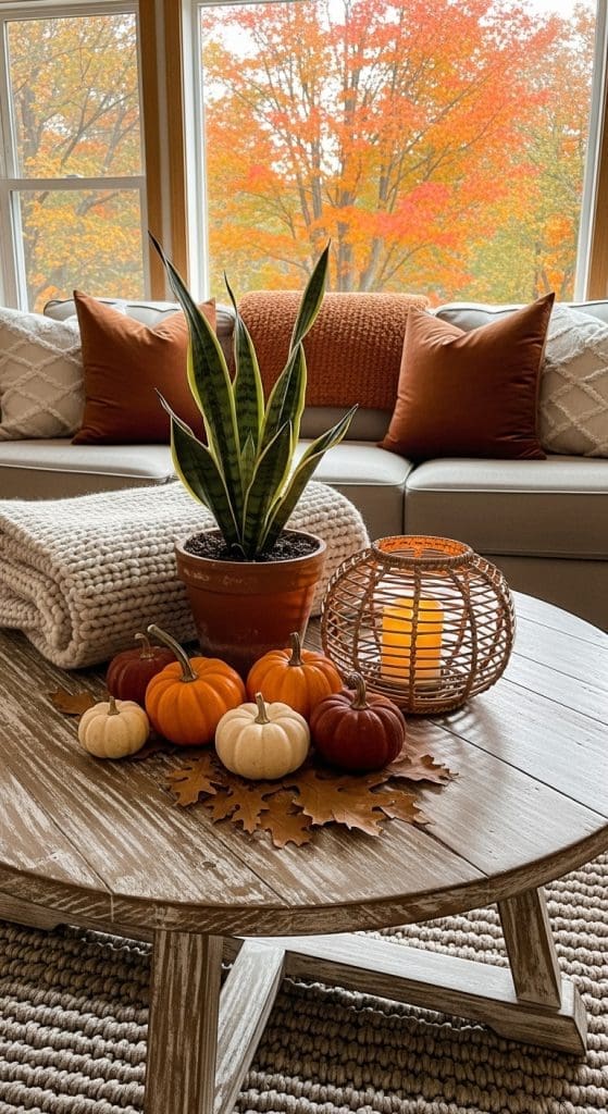 terracotta pot with spider plant, cozy blanket and mini pumpkins Round Coffee Table Fall Decor
