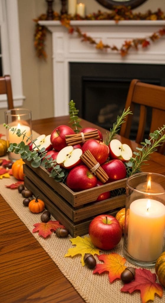 rustic crate filled with apples and cinnamon sticks as a fall centrepiece