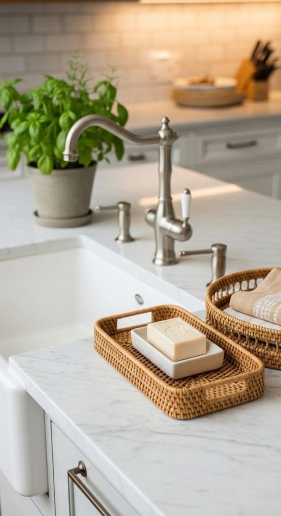 rattan basket holding a ceramic soap tray and soap bar