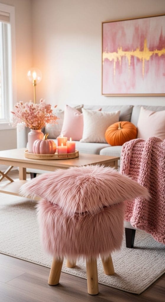 plush pink pillow and ottoman in a fall decor living room