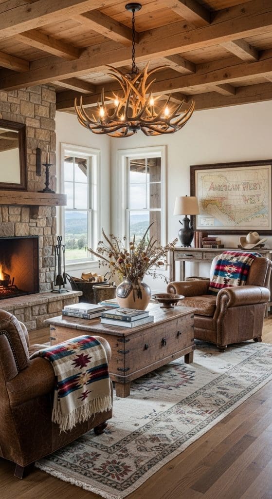 Chandelier made from deer antlers hangs from a wooden ceiling
