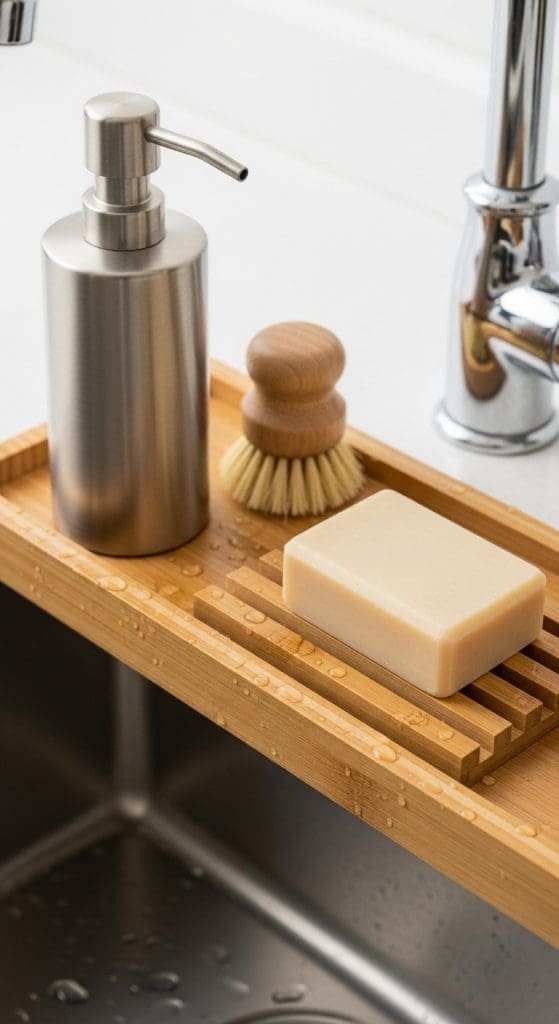 Bamboo soap tray on kitchen sink
