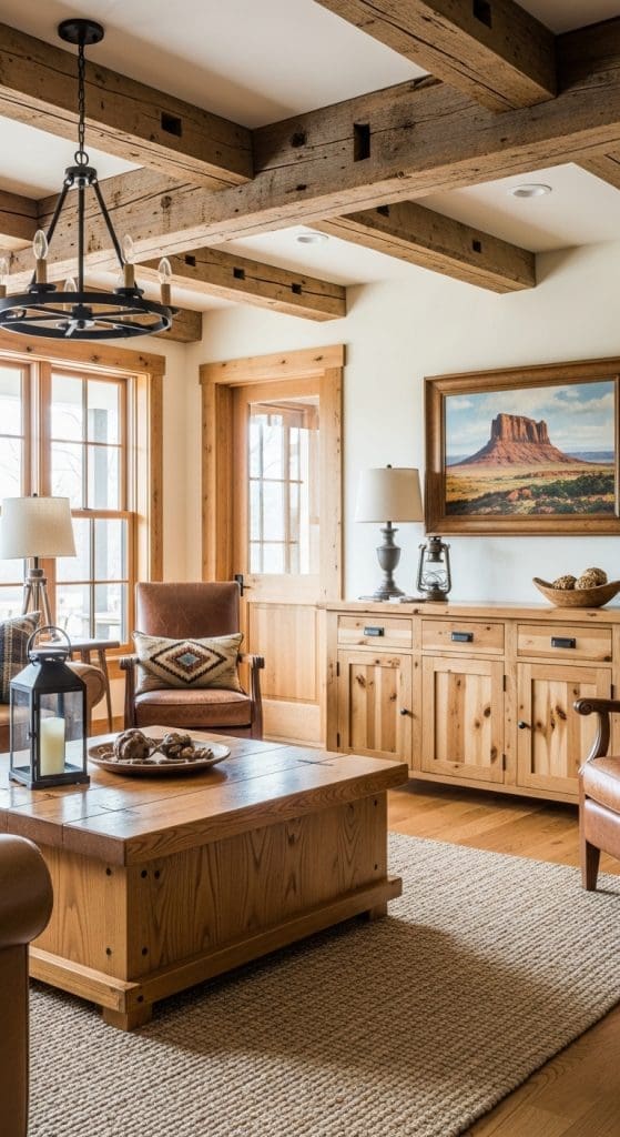 rustic wooden furniture of different grains in a western decor living room