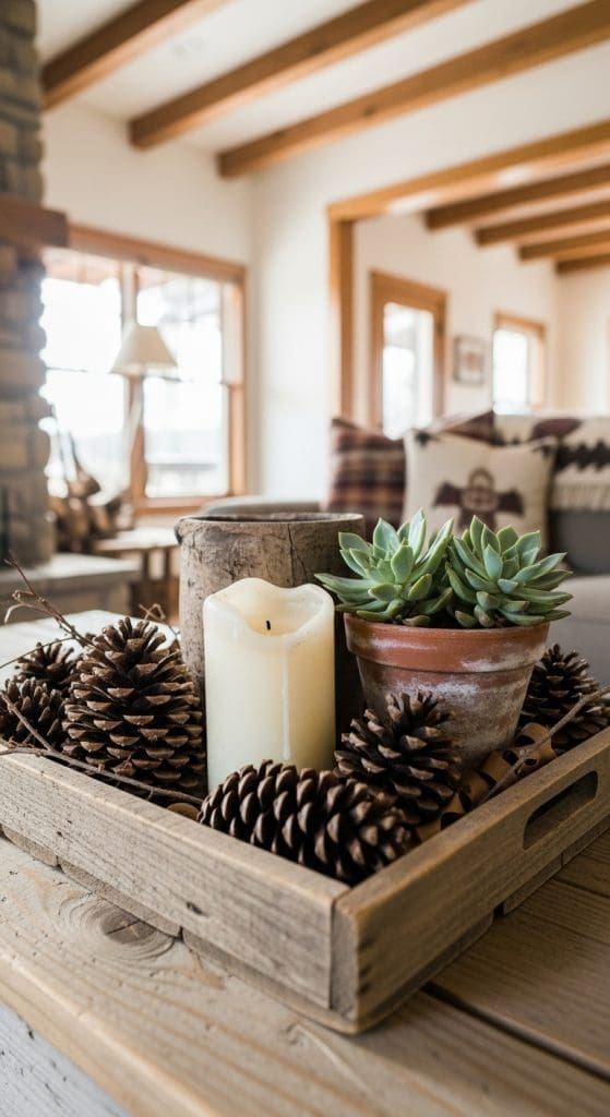 wooden tray with pinecones, plants and candle