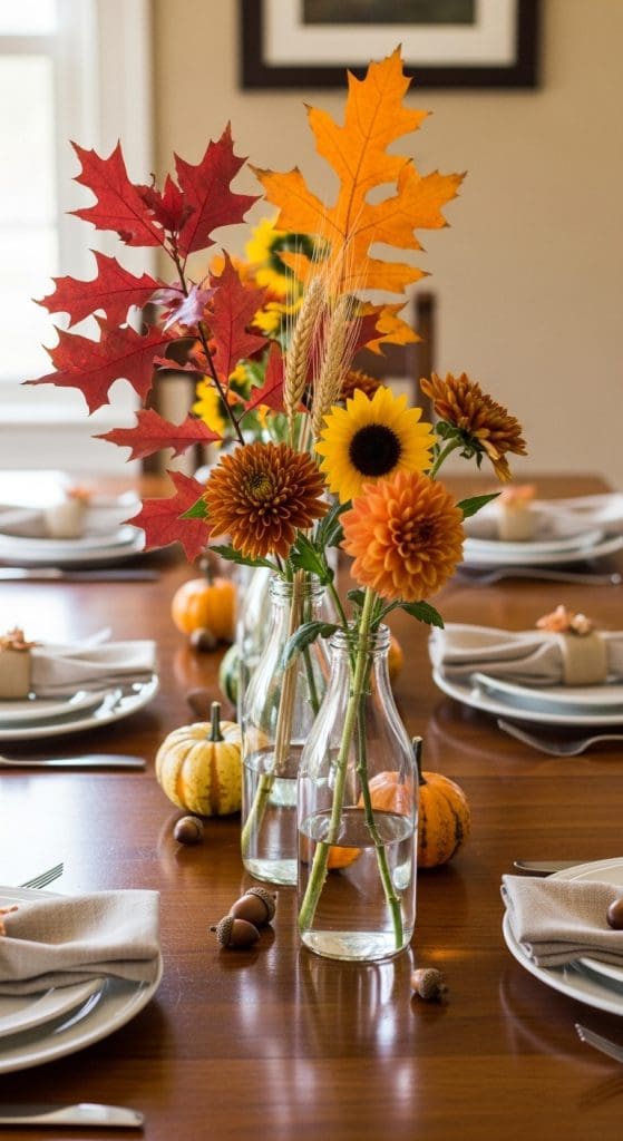 glass milk bottles with fall florals on a fall decor table