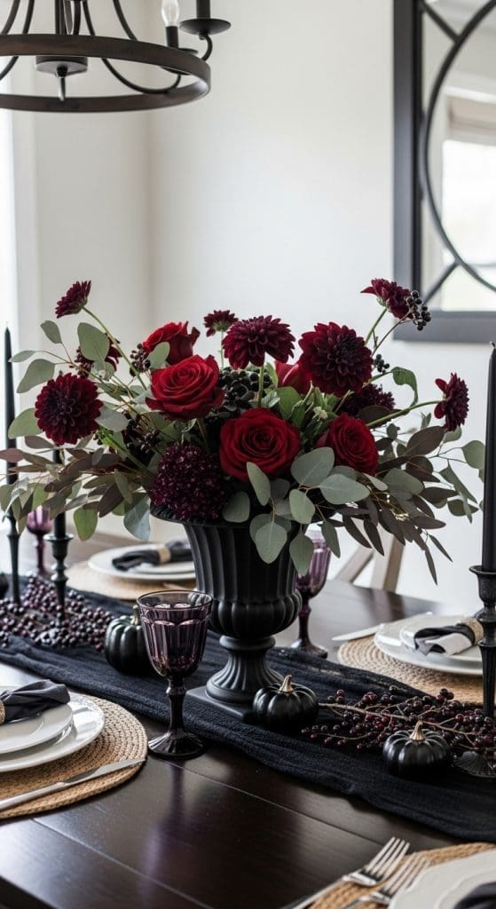 black vase with red and purple flowers on a Elegant Halloween Dining Table Decor