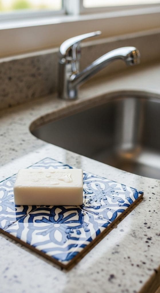 blue and white tile on a kitchen counter with a soap bar on top