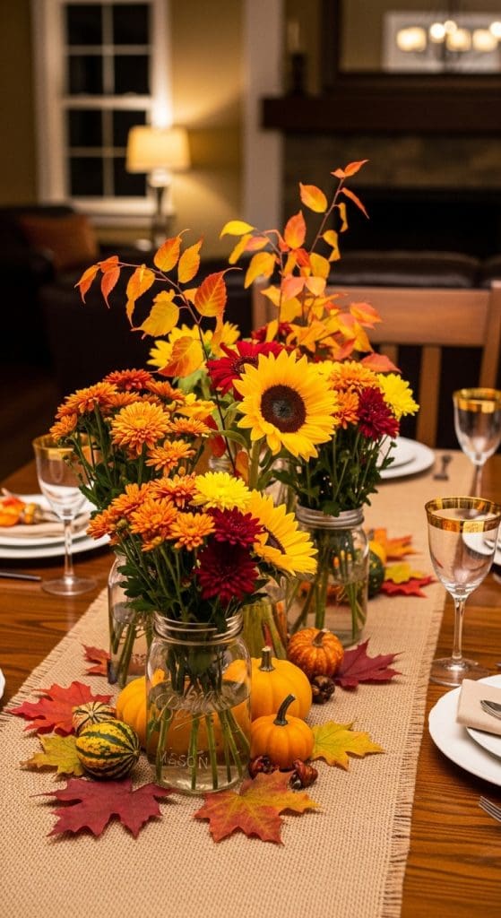 glass milk bottles filled with seasonal florals