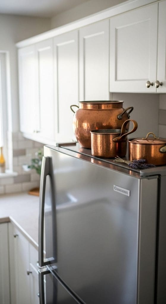 copper cooking pots on to pof silver fridge