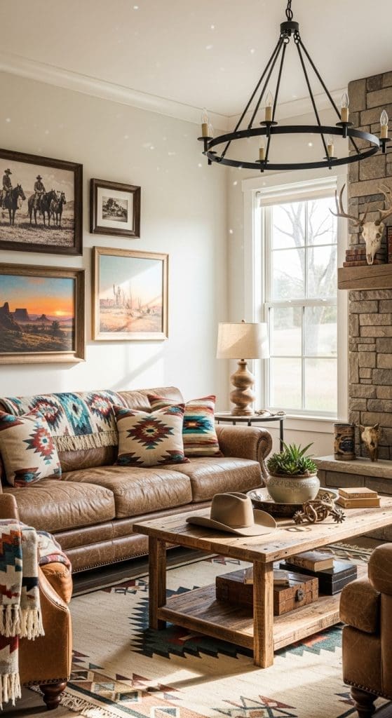 Patterned rugs in a rustic-style living room