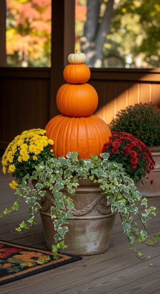 four pumpkins stacked on top of each other with florals in a round large tub