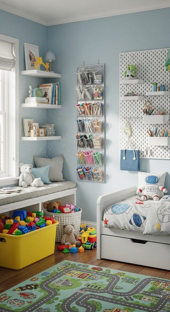 yellow toy bins in a kids bedroom