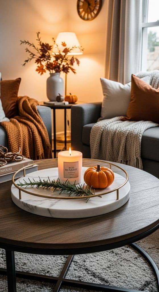 marble serving tray with candle, prog and mini pumpkin