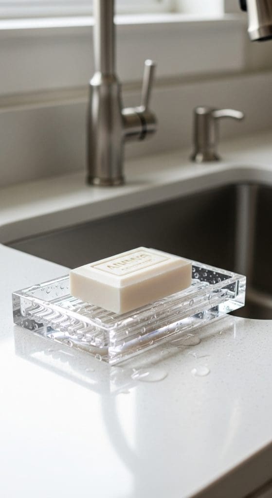clear acrylic soap holder on kitchen sink
