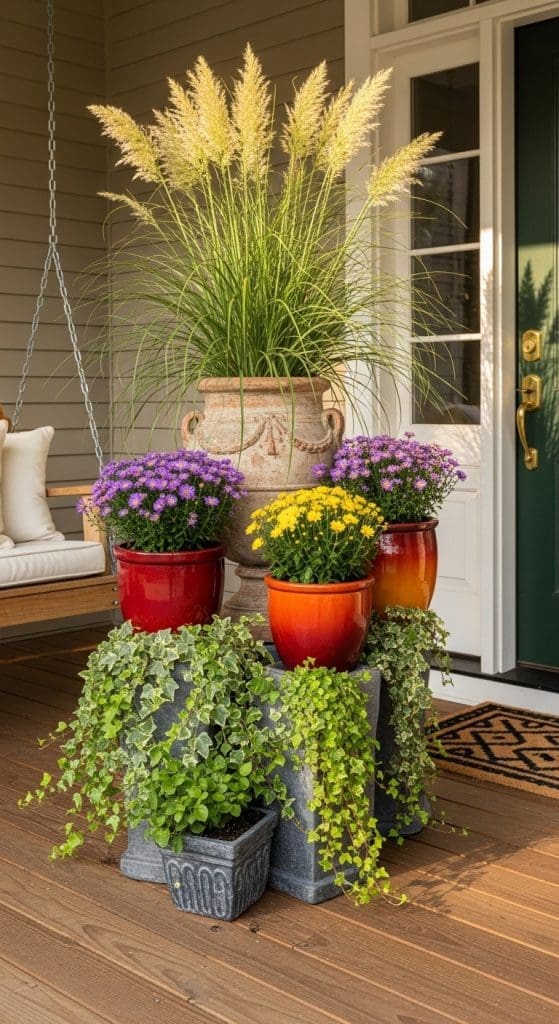 tiered plant pots stacked and different heights with different flowers and grass stems