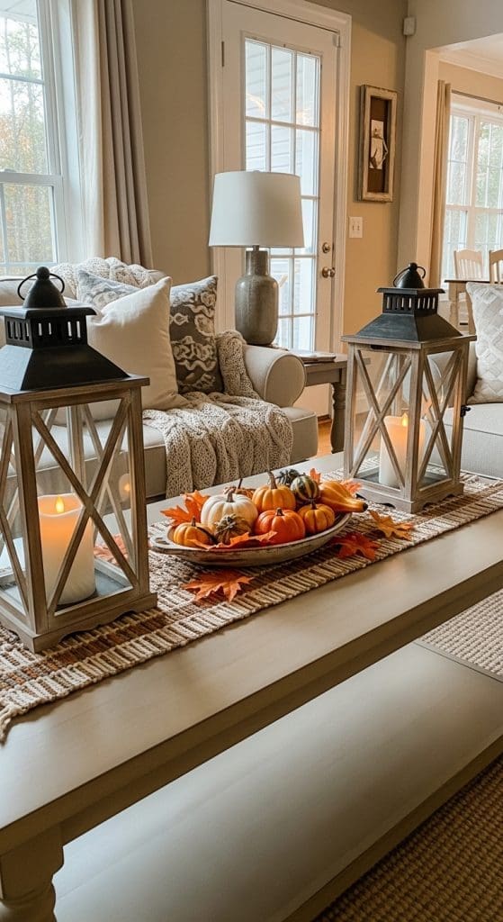 two wooden lanterns and a bowl with fall decor in the middle on a Rectangle Coffee Table