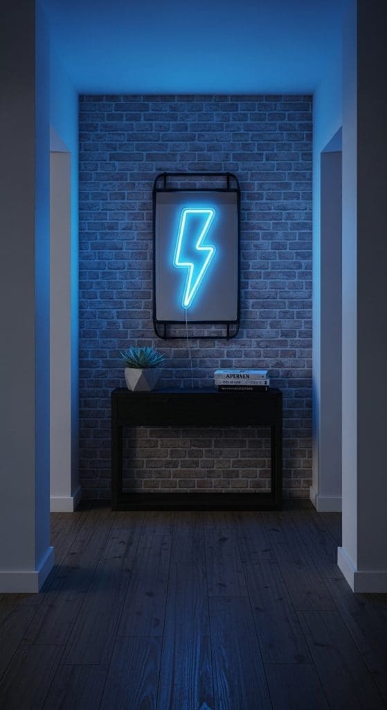 neon blue lightning bolt on a feature wall in hall
