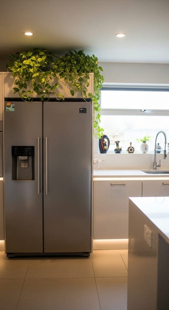potted plants on top of the fridge