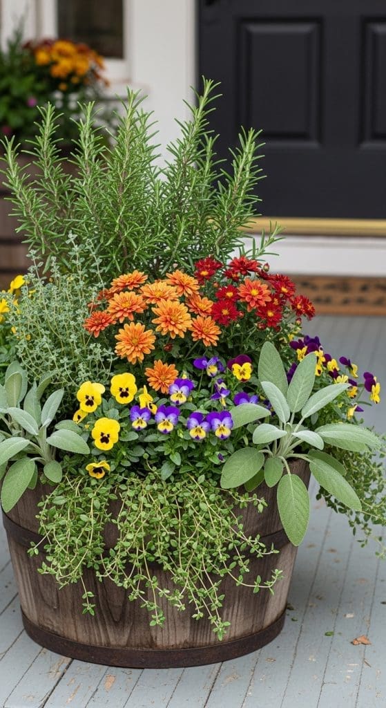 herbs mixed in with pansies and violas in a wooden round planter